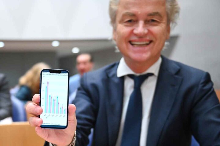 Geert Wilders toont een peiling op zijn smartphone.