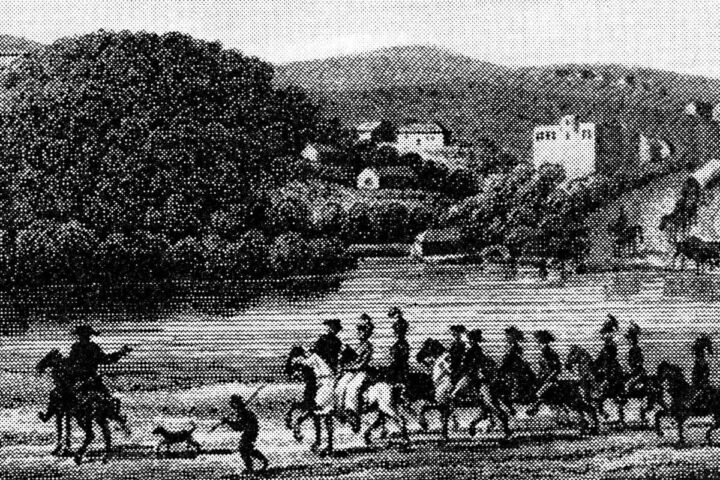 Illustratie waarop De Mist (links) met zijn manschappen de oostelijke Algoa-baai inspecteert. 