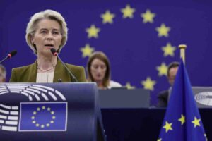 Voorzitter van de Europese Commissie Ursula von der Leyen spreekt tijdens een ‘State of the Union’-debat in het Europees Parlement in Straatsburg (Foto: ANP)