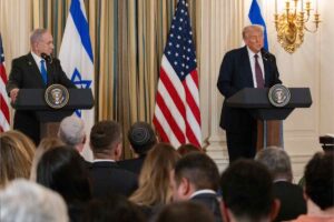 Persconferentie van Donald Trump en Benjamin Netanyahu op maandag 29 september.
