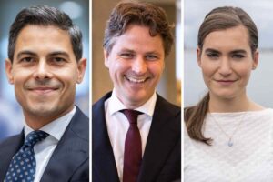 V.l.n.r lijsttrekkers Rob Jetten (D66), Henri Bontenbal (CDA) en Lidewij de Vos (FVD)