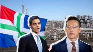 Ondergrondse gasopslag locatie van de NAM bij Grijpskerk. Op de voorgrond: premier Rob Jetten en JA21-fractievoorzitter Joost Eerdmans.